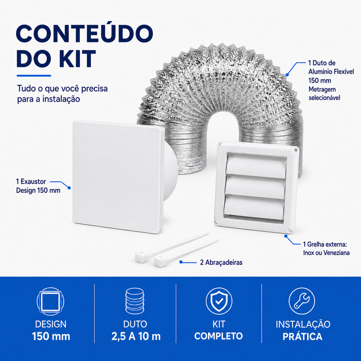 Kit de Exaustão Design 150 mm — conteúdo do kit — abraçadeiras de nylon