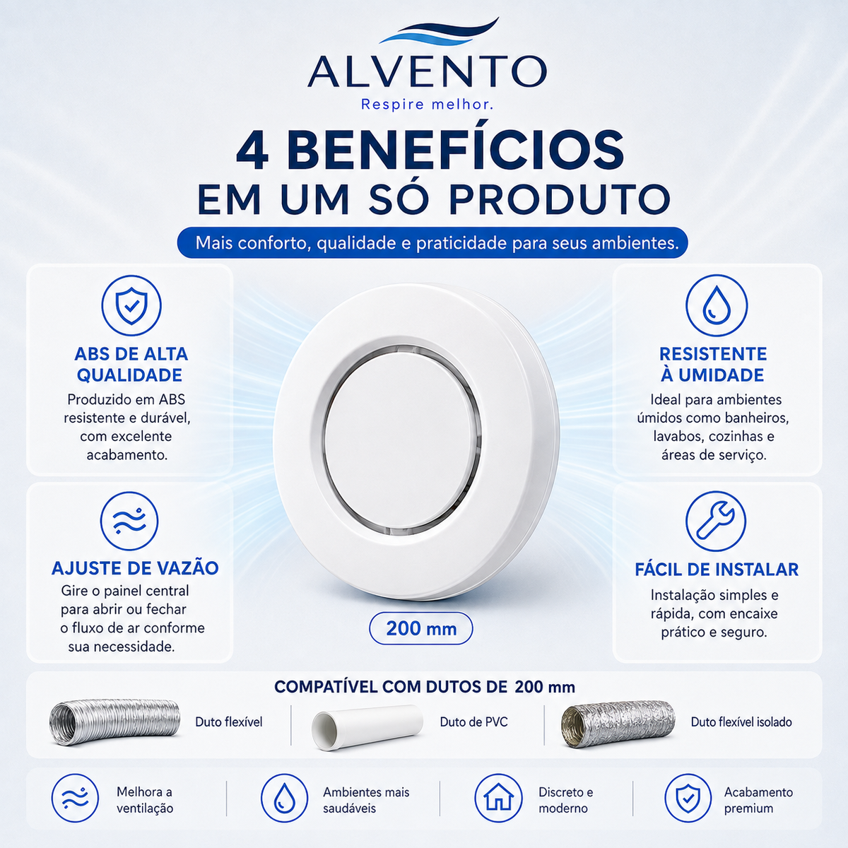 Difusor de Ar Redondo em ABS 200 mm — Branco