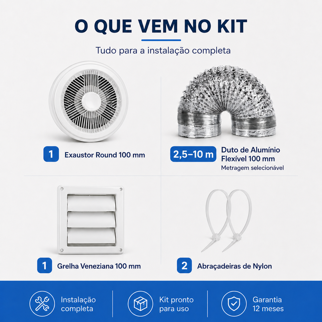 Kit de Exaustão Redondo 100 mm — conteúdo do kit