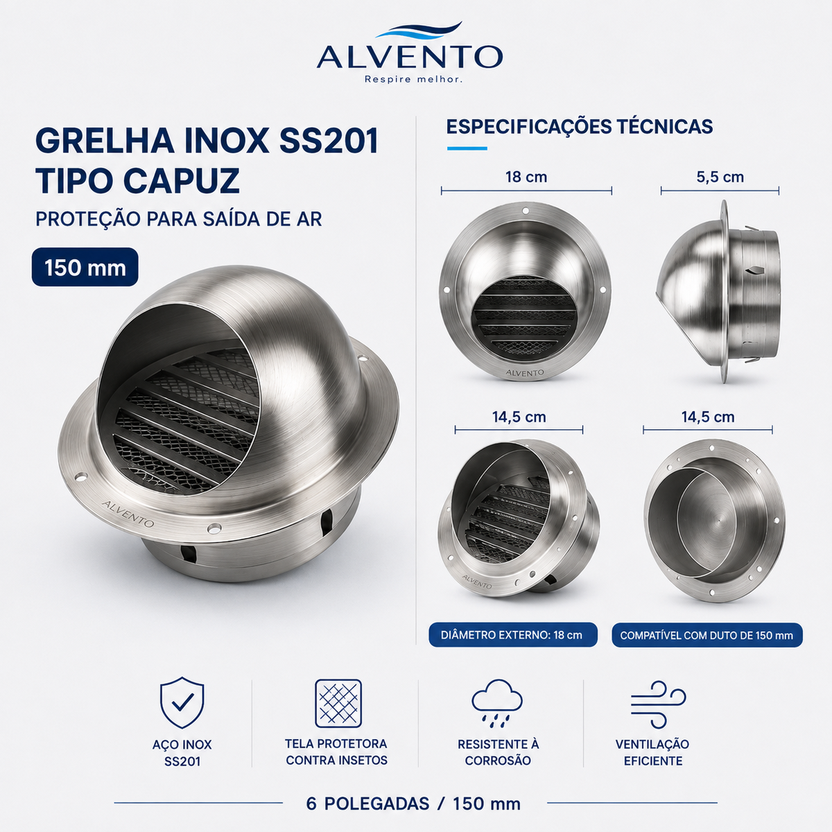 Grelha de Ventilação Fechada em Aço Inox SS201 150 mm (6 pol.)