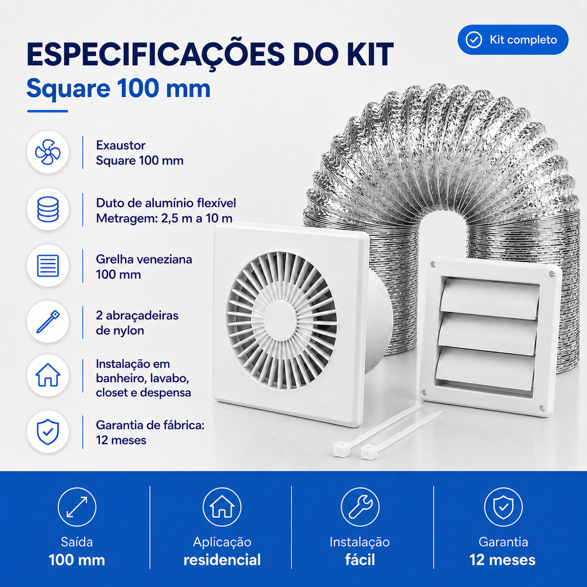 Kit de Exaustão Quadrado 100 mm — especificações