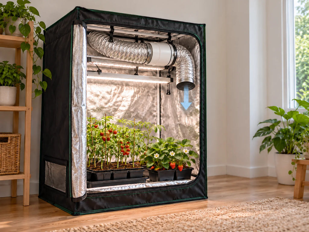 Grow tent com exaustor tubular no duto de saída de ar