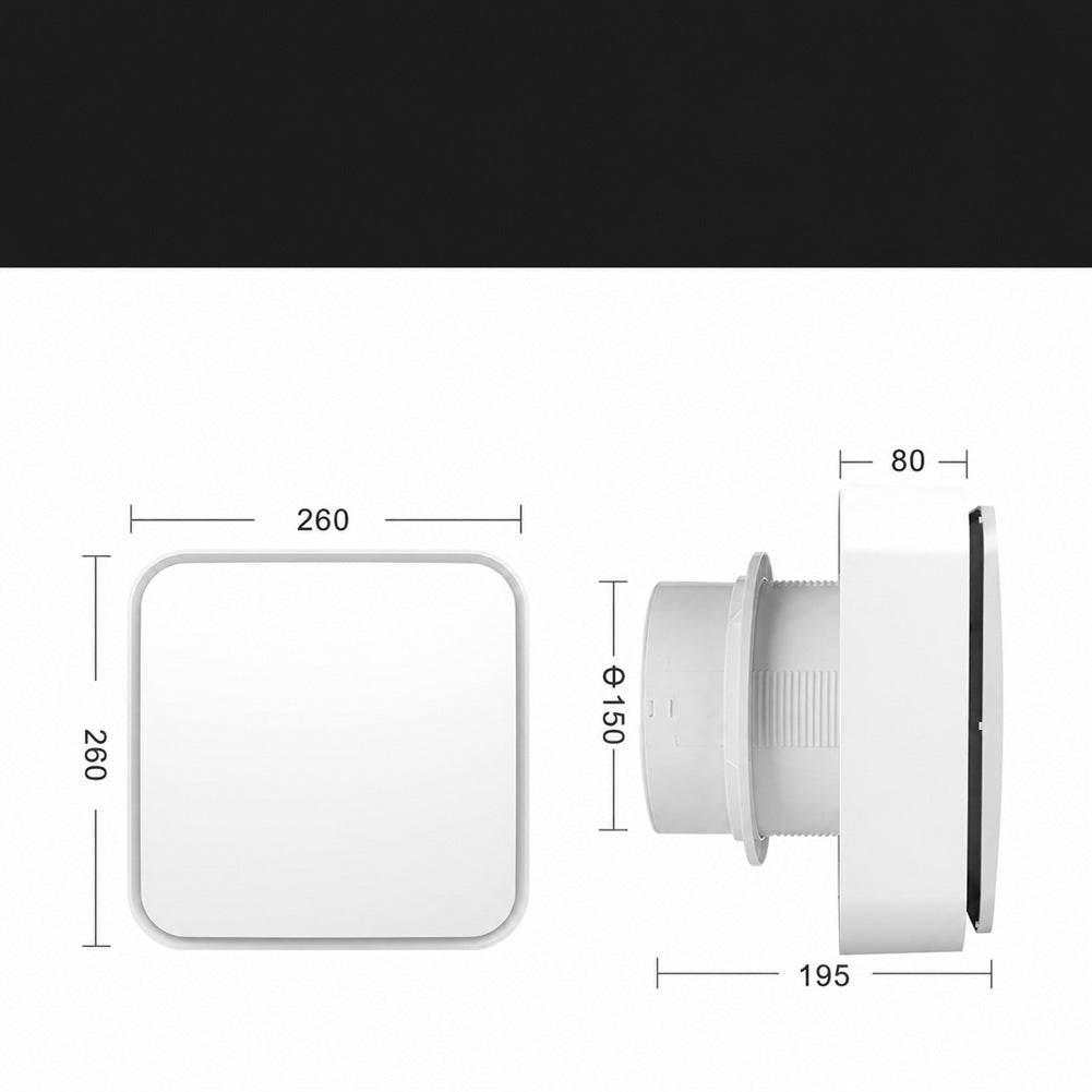Medidas: painel 260 × 260 mm, profundidade 80 e 195 mm, conexão Ø150 mm